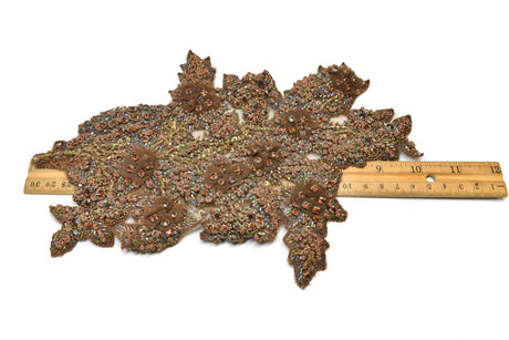 Floral Applique Rhinestone Beaded Brown