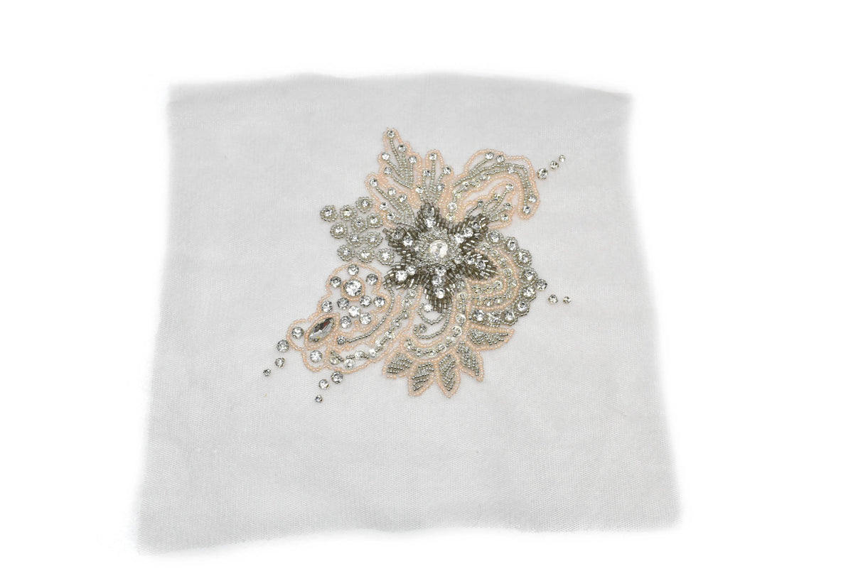 Embroidered Applique Pink Floral Organza Beaded Rhinestone 7 x 5.5