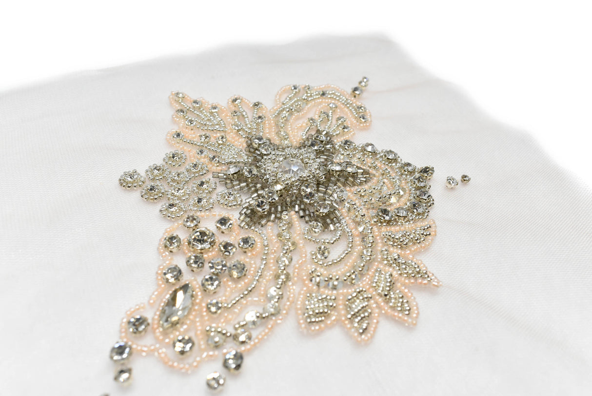 Embroidered Applique Pink Floral Organza Beaded Rhinestone 7 x 5.5