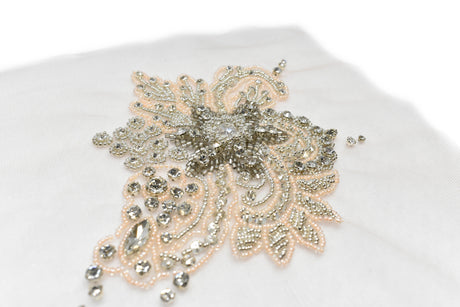 Embroidered Applique Pink Floral Organza Beaded Rhinestone 7 x 5.5