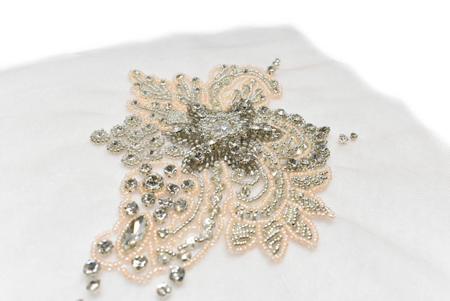Embroidered Applique Pink Floral Organza Beaded Rhinestone 7 x 5.5