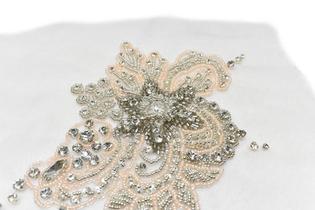 Embroidered Applique Pink Floral Organza Beaded Rhinestone 7 x 5.5