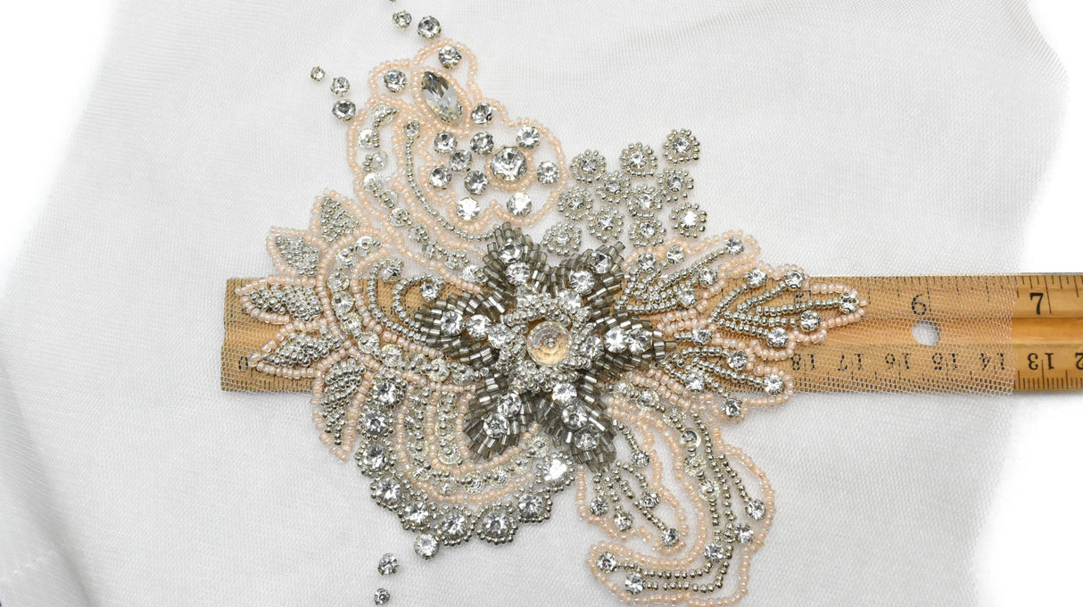 Embroidered Applique Pink Floral Organza Beaded Rhinestone 7 x 5.5