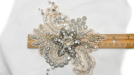 Embroidered Applique Pink Floral Organza Beaded Rhinestone 7 x 5.5