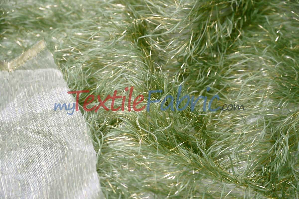 Sage Shaggy Brocade Metallic Eyelash Lame Fabric - Sage Metallic Eyelash Texture, 56/57" Width (1 Yard)