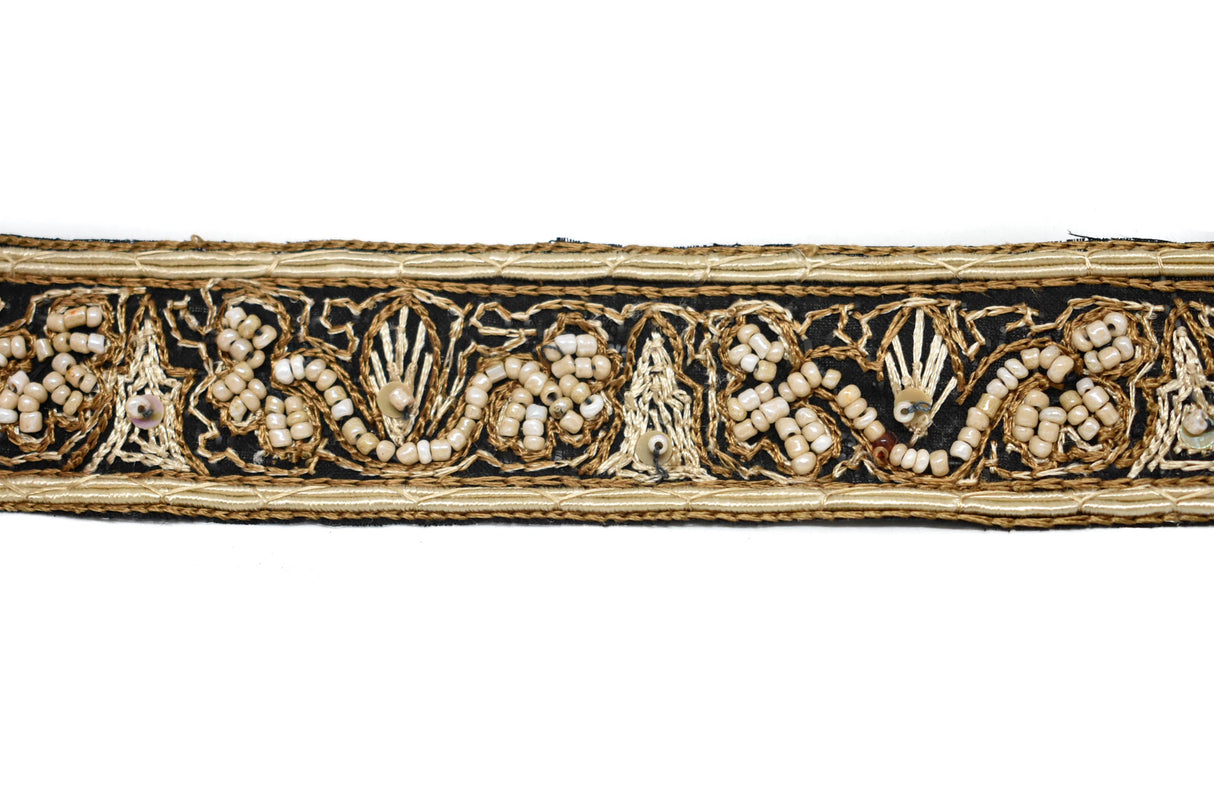 Beaded Embroidery Trim 1.25" Ivory Brown