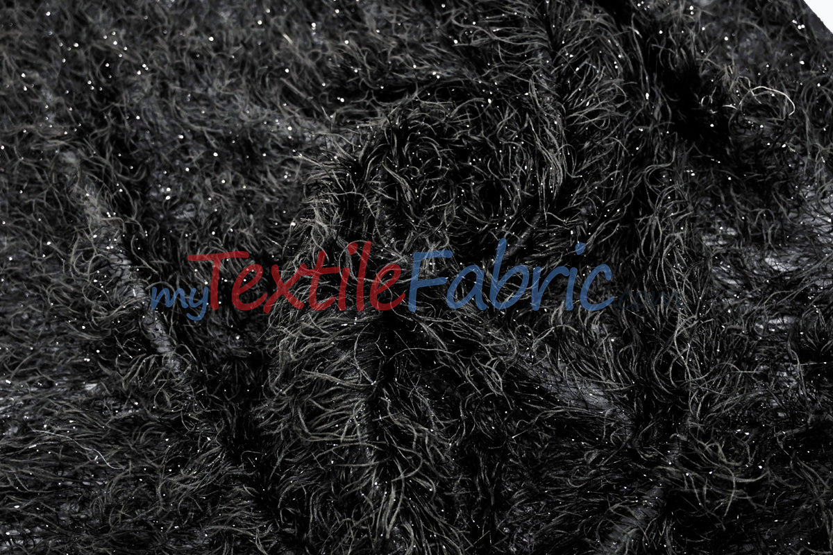 Black Shaggy Brocade Metallic Eyelash Lame Fabric - Black Shaggy, Metallic Eyelash, 56/57" Width (1 Yard)