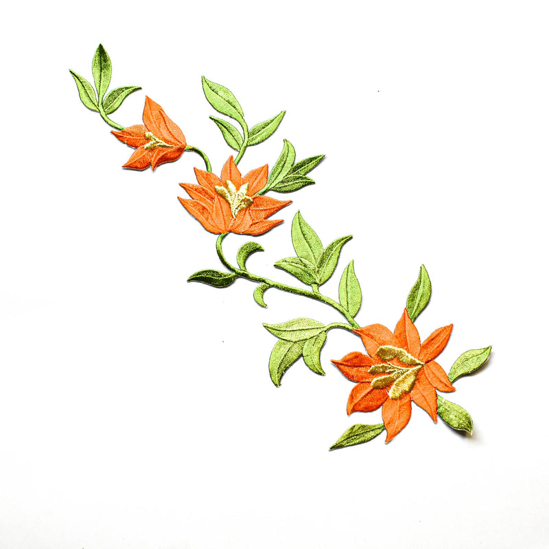 Embroidered Flower Applique Orange Sew-On 11.5 x 4.5