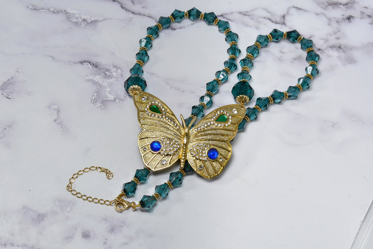 Butterfly Necklace Gold Teal Decorative