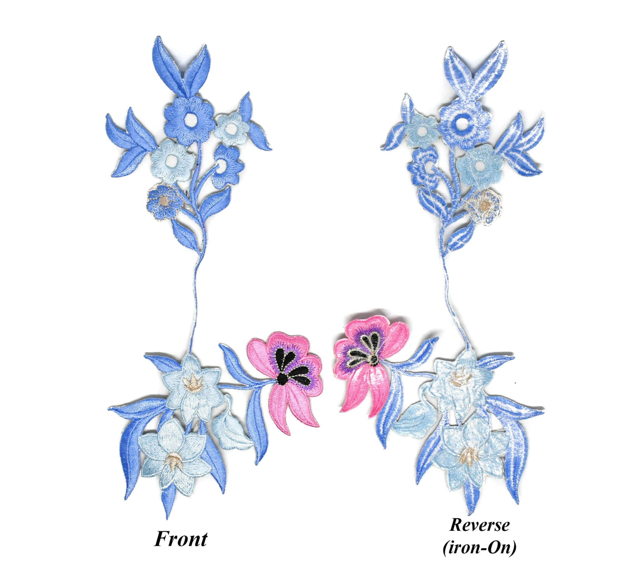 Embroidered Flower Applique Blue Pink 9 x 4.5