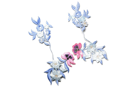 Embroidered Flower Applique Blue Pink 9 x 4.5