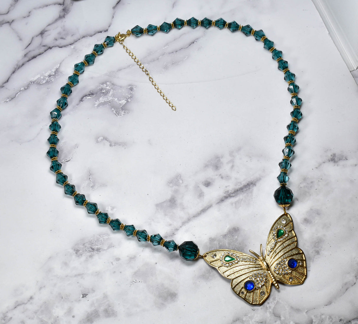 Butterfly Necklace Gold Teal Decorative