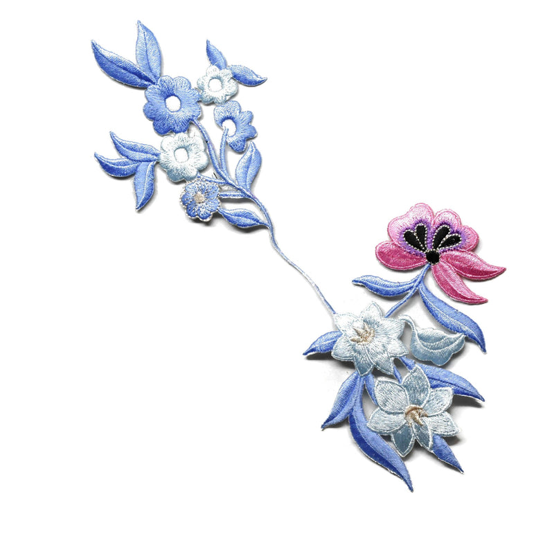 Embroidered Flower Applique Blue Pink 9 x 4.5