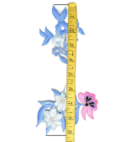 Embroidered Flower Applique Blue Pink 9 x 4.5