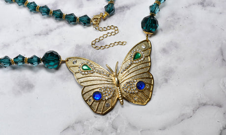 Butterfly Necklace Gold Teal Decorative