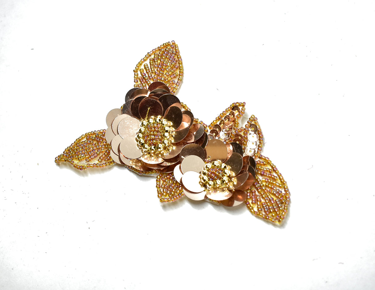 Beaded Flower Applique Champagne 5 x 3.5