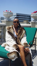 Winter Luxurious Offwhite Faux Fur Fabric - Off-White, Hooded Robe, Long Sleeve, Two Pockets (1 Piece)