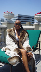 Winter Luxurious Offwhite Faux Fur Fabric - Off-White, Hooded Robe, Long Sleeve, Two Pockets (1 Piece)