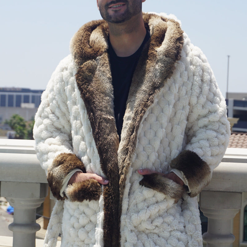 Winter Luxurious Offwhite Faux Fur Fabric - Off-White, Hooded Robe, Long Sleeve, Two Pockets (1 Piece)