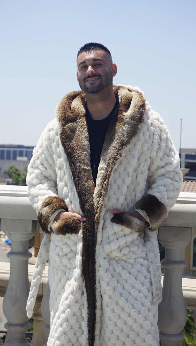 Winter Luxurious Offwhite Faux Fur Fabric - Off-White, Hooded Robe, Long Sleeve, Two Pockets (1 Piece)