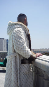 Winter Luxurious Offwhite Faux Fur Fabric - Off-White, Hooded Robe, Long Sleeve, Two Pockets (1 Piece)