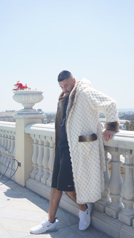 Winter Luxurious Offwhite Faux Fur Fabric - Off-White, Hooded Robe, Long Sleeve, Two Pockets (1 Piece)
