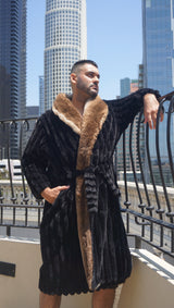 Faux Fur Long Sleeve Robe Coat Black - Plush Black Faux Fur Fabric, Long Sleeve, 100 Percent Polyester (1 Piece)