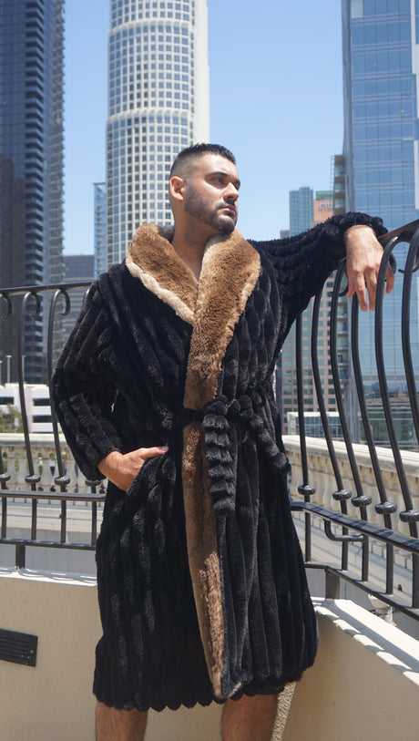 Faux Fur Long Sleeve Robe Coat Black - Plush Black Faux Fur Fabric, Long Sleeve, 100 Percent Polyester (1 Piece)