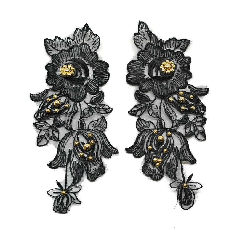 Embroidered Organza Floral Applique Black Pair