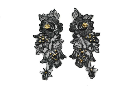 Embroidered Organza Floral Applique Black Pair