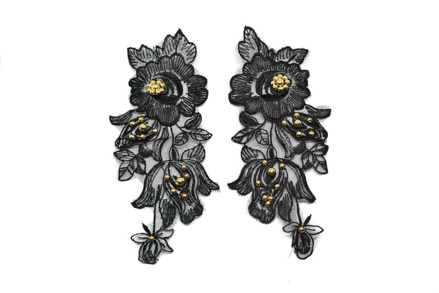 Embroidered Organza Floral Applique Black Pair