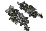 Embroidered Organza Floral Applique Black Pair