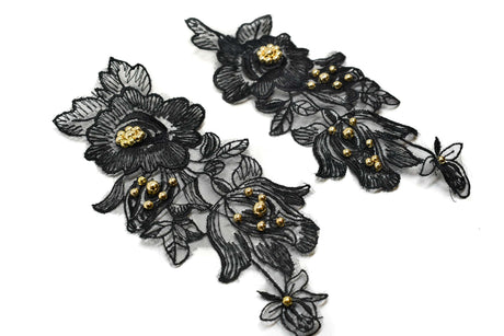Embroidered Organza Floral Applique Black Pair