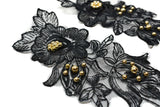 Embroidered Organza Floral Applique Black Pair