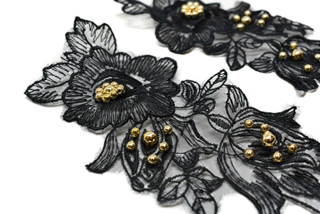 Embroidered Organza Floral Applique Black Pair