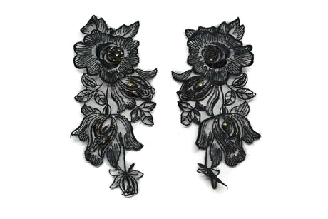 Embroidered Organza Floral Applique Black Pair