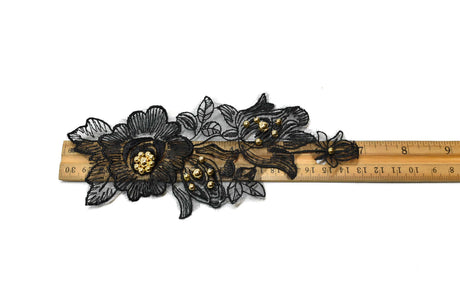 Embroidered Organza Floral Applique Black Pair