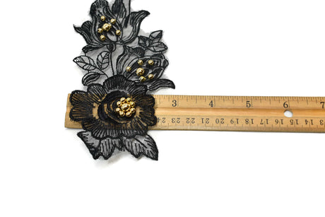 Embroidered Organza Floral Applique Black Pair