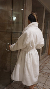 Faux Fur Luxury Long Sleeve Robe Coat - Off White, Plush Faux Fur, Long Sleeve, S/M, L/XL (1 Piece)