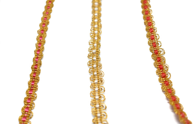 Gimp Trim Metallic Gold on Coral Red 3/8"