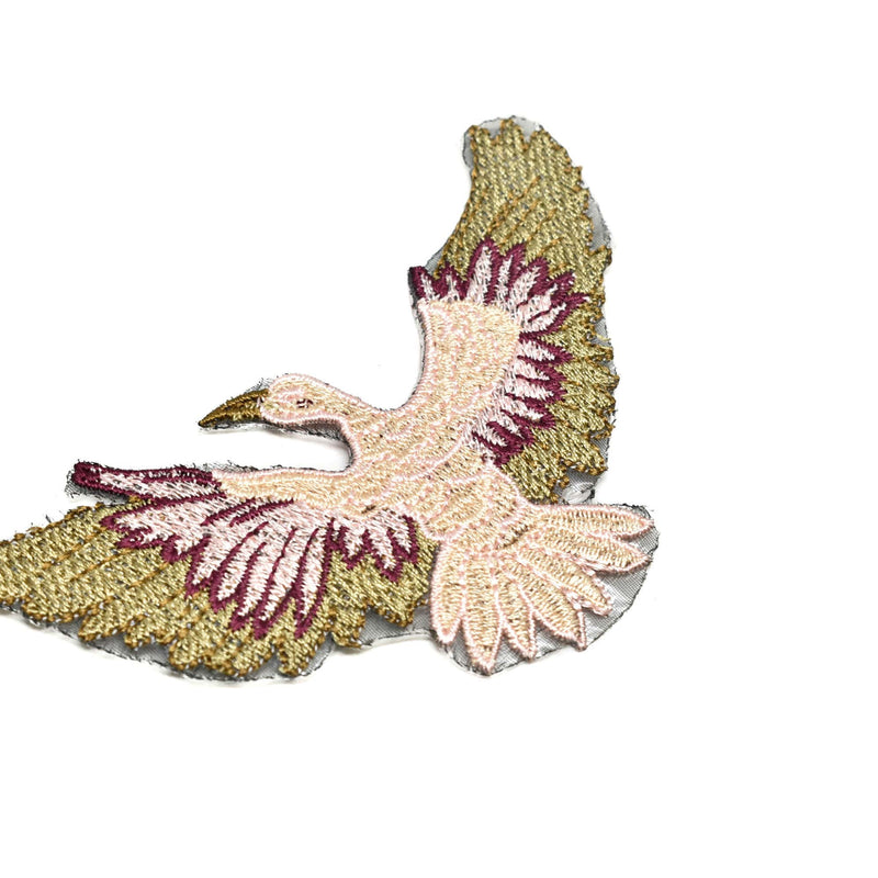 Embroidered Bird Iron-On Patch Pink Gold