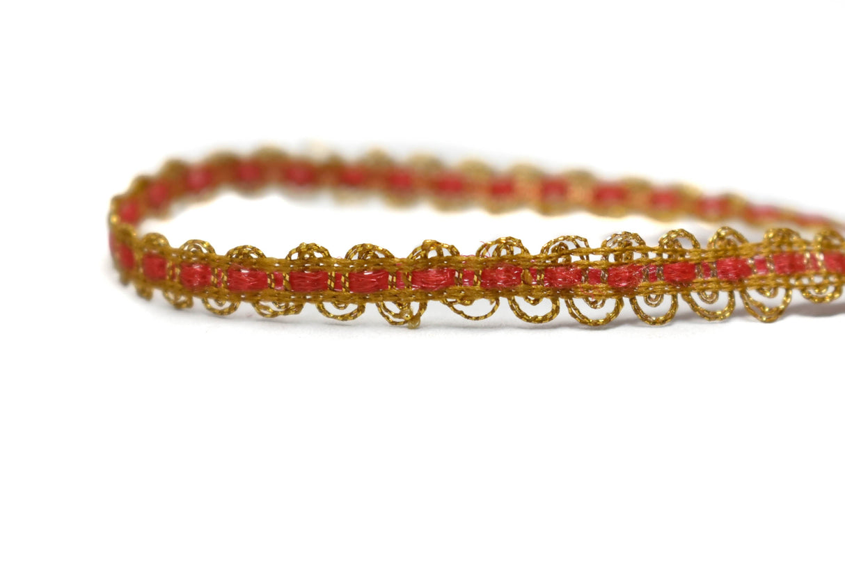 Gimp Trim Metallic Gold on Coral Red 3/8"