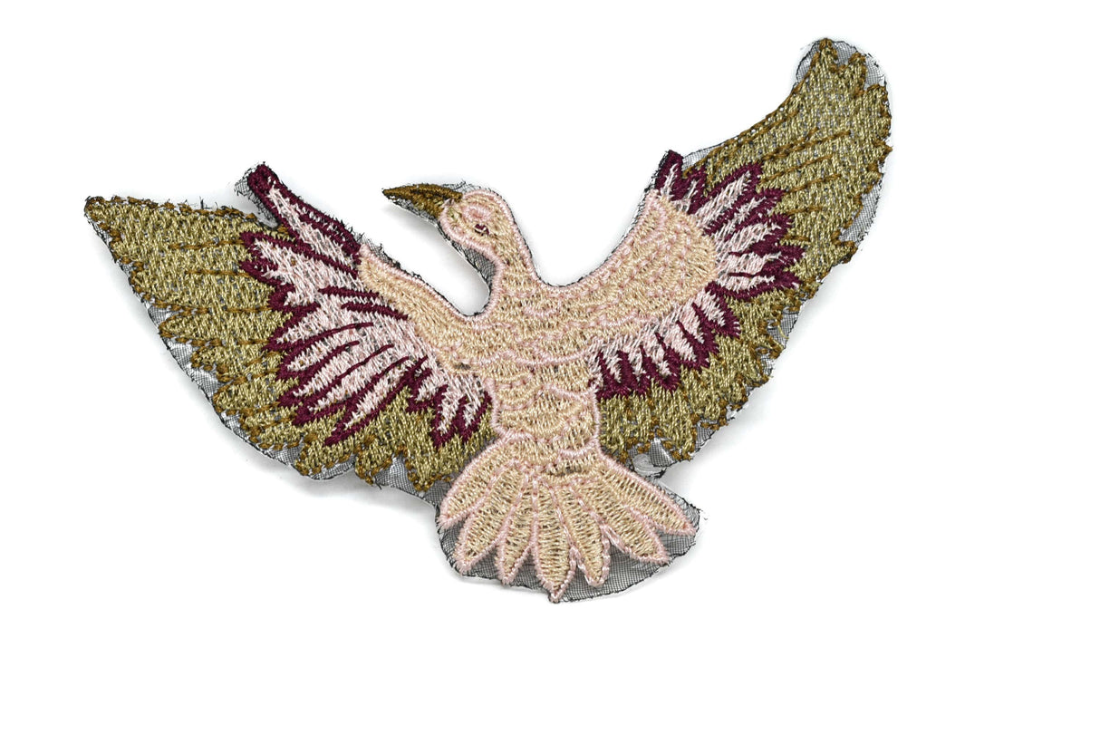 Embroidered Bird Iron-On Patch Pink Gold