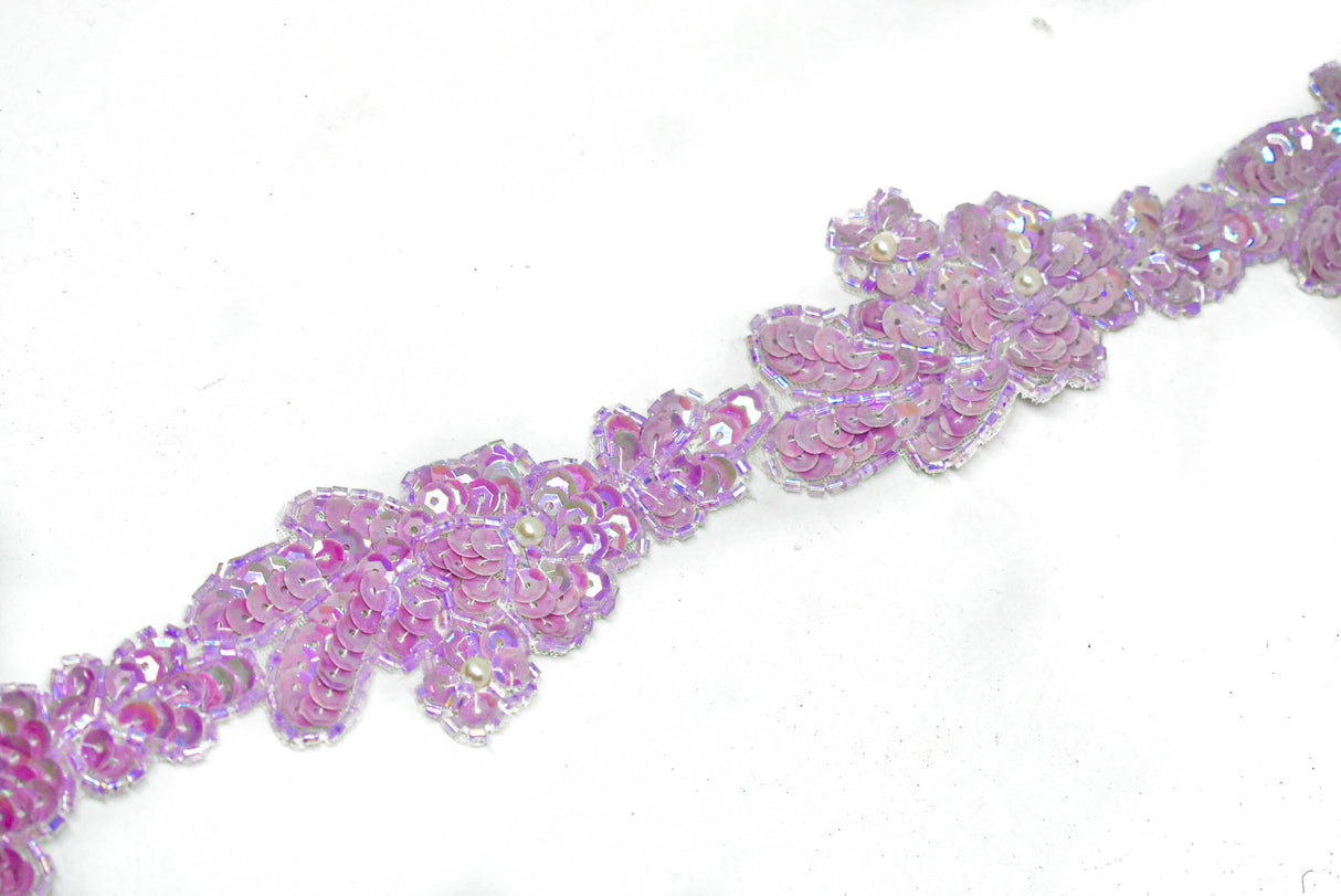 Floral Sequins Beaded Trim Pink 1.50"