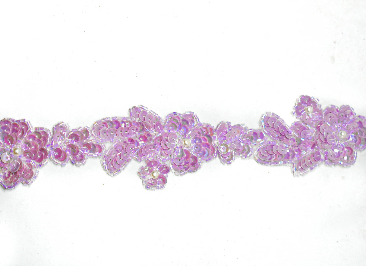 Floral Sequins Beaded Trim Pink 1.50"
