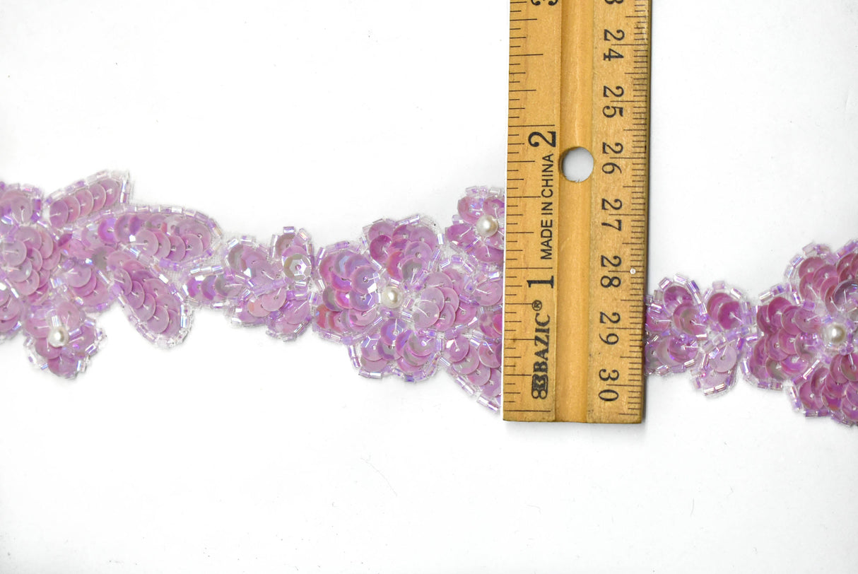 Floral Sequins Beaded Trim Pink 1.50"