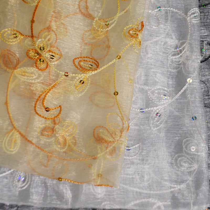 Dahlia Organza Embroidery Polyester Fabric - Embroidered Floral Sheer With Sequins Embellishment, 54" Width (1 Yard)