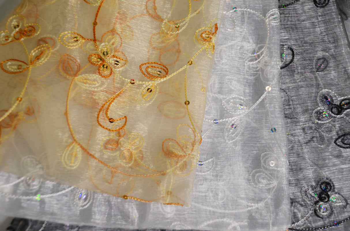 Dahlia Organza Embroidery Polyester Fabric - Embroidered Floral Sheer With Sequins Embellishment, 54" Width (1 Yard)