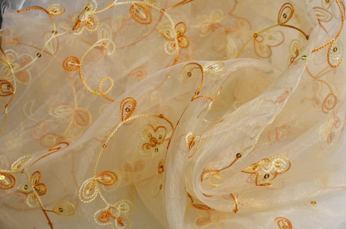 Dahlia Organza Embroidery Polyester Fabric - Embroidered Floral Sheer With Sequins Embellishment, 54" Width (1 Yard)