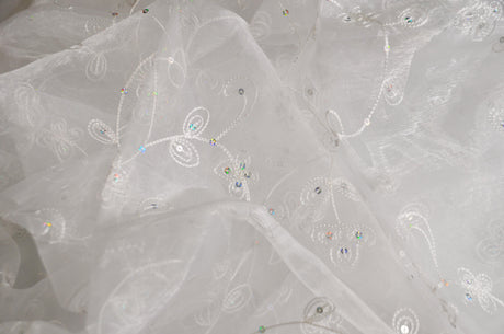 Dahlia Organza Embroidery Polyester Fabric - Embroidered Floral Sheer With Sequins Embellishment, 54" Width (1 Yard)